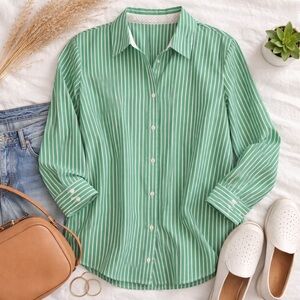 CJ Banks Kelly Green Stripe Button Up Shirt Contrast Cuffs Plus Size 3X